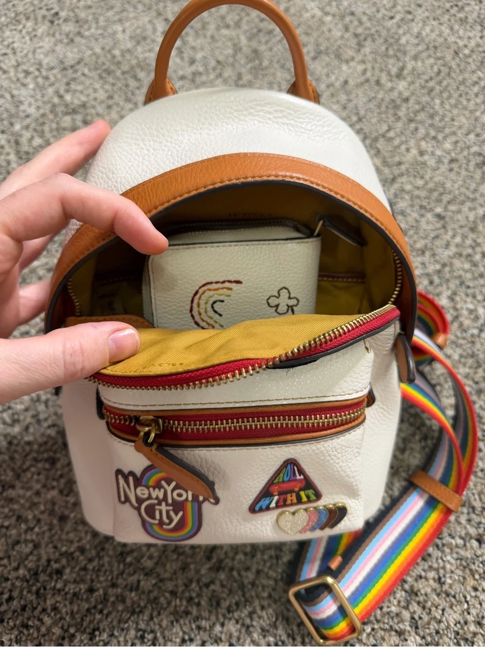 Coach White Mini Backpack with Brown Interior and Rainbow Strap